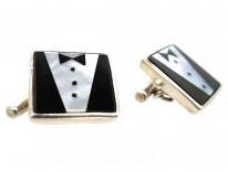Silver, Onyx & Mother of Pearl Bow Tie Cufflinks