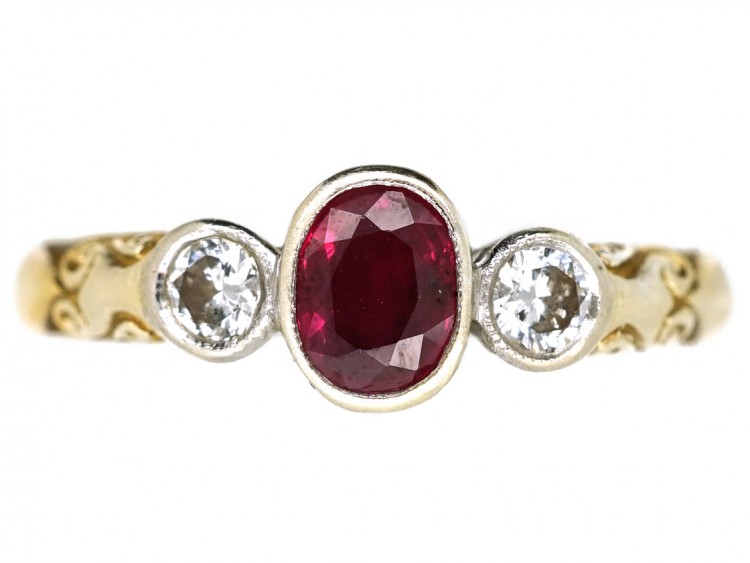 18ct Gold, Ruby & Diamond Three Stone Ring