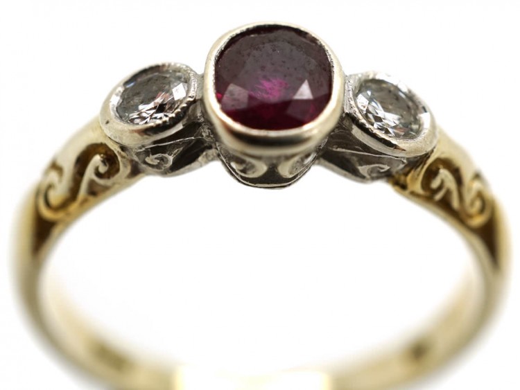 18ct Gold, Ruby & Diamond Three Stone Ring