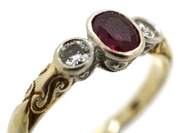 18ct Gold, Ruby & Diamond Three Stone Ring