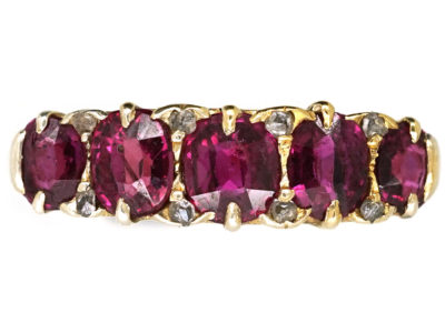 Victorian 18ct Gold Five Stone Ruby Carved Half Hoop Ring