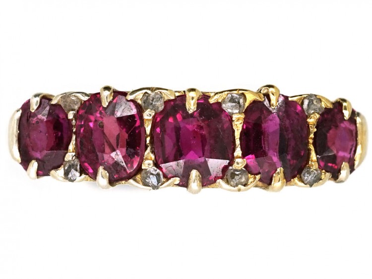 Victorian 18ct Gold Five Stone Ruby Carved Half Hoop Ring