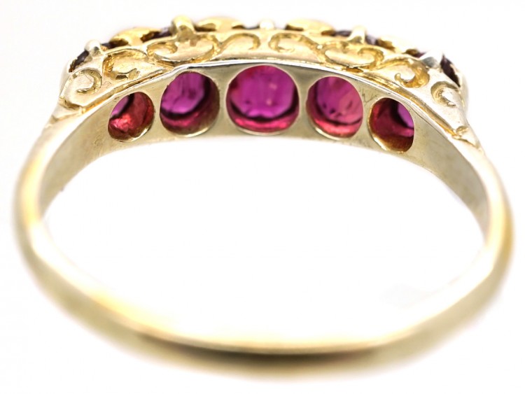 Victorian 18ct Gold Five Stone Ruby Carved Half Hoop Ring