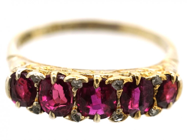 Victorian 18ct Gold Five Stone Ruby Carved Half Hoop Ring