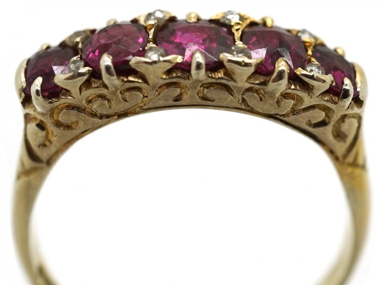 Victorian 18ct Gold Five Stone Ruby Carved Half Hoop Ring