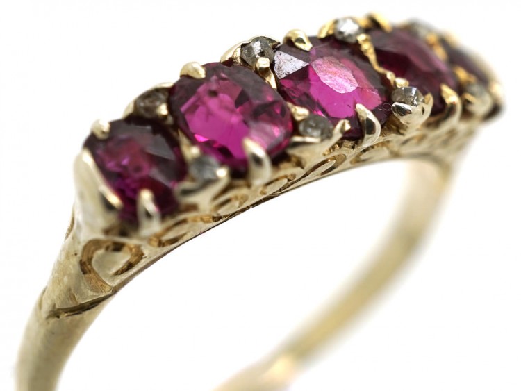 Victorian 18ct Gold Five Stone Ruby Carved Half Hoop Ring