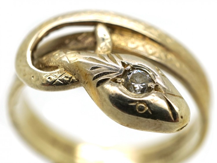 Edwardian 14ct Gold Snake Ring Set With a Diamond