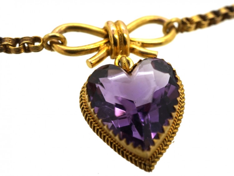 Edwardian 9ct Gold & Amethyst Hearts Necklace