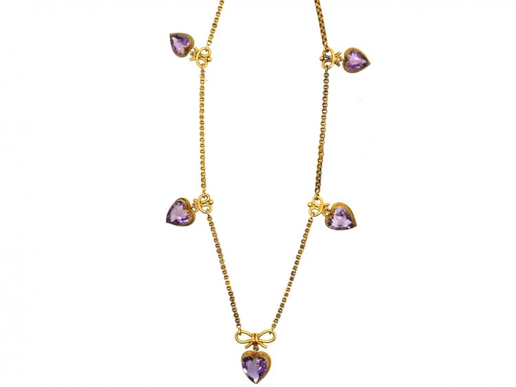 Edwardian 9ct Gold & Amethyst Hearts Necklace