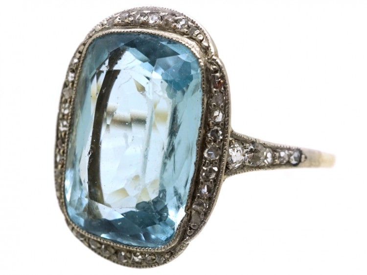 Edwardian 18ct Gold & Platinum, Aquamarine & Diamond Ring