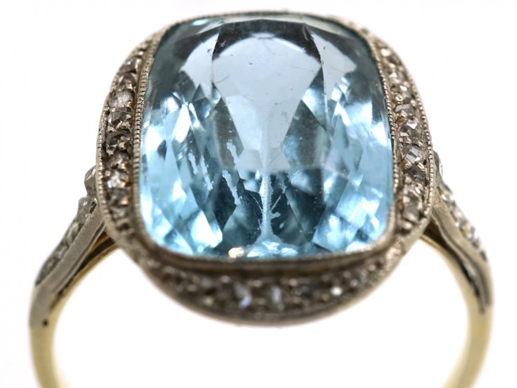 Edwardian 18ct Gold & Platinum, Aquamarine & Diamond Ring