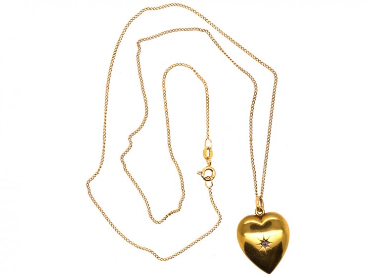 Edwardian 15ct Gold & Diamond Heart Pendant on 9ct Gold Chain