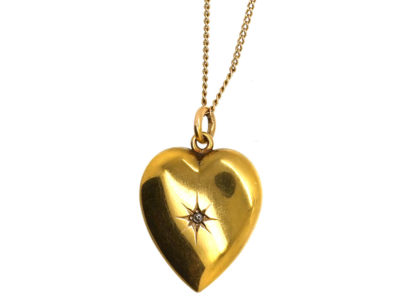 Edwardian 15ct Gold & Diamond Heart Pendant on 9ct Gold Chain