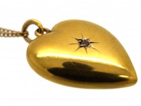 Edwardian 15ct Gold & Diamond Heart Pendant on 9ct Gold Chain