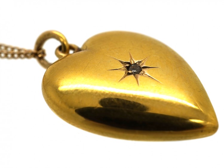 Edwardian 15ct Gold & Diamond Heart Pendant on 9ct Gold Chain