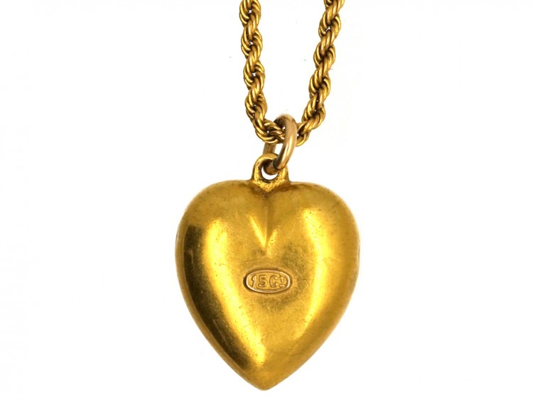 Edwardian 15ct Gold & Rose Diamond Heart Pendant on a 15ct Gold Chain
