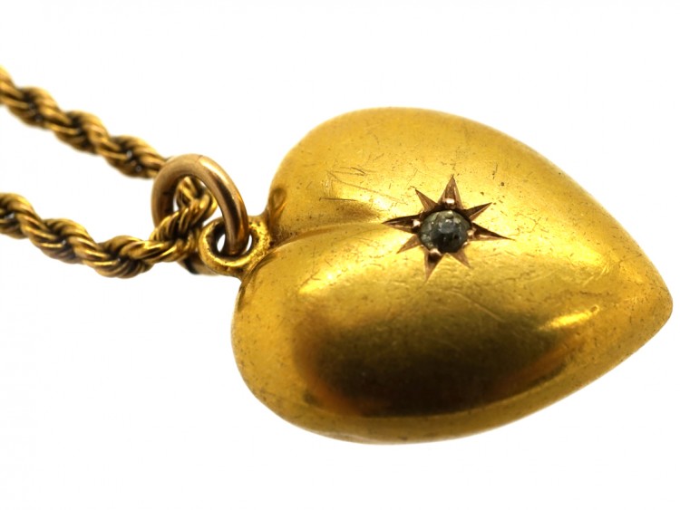 Edwardian 15ct Gold & Rose Diamond Heart Pendant on a 15ct Gold Chain