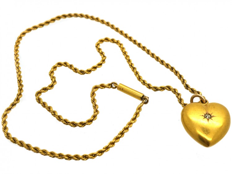 Edwardian 15ct Gold & Rose Diamond Heart Pendant on a 15ct Gold Chain