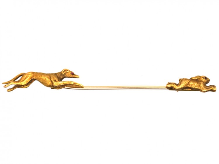 Edwardian 15ct Gold Lurcher & Hare Coursing Brooch