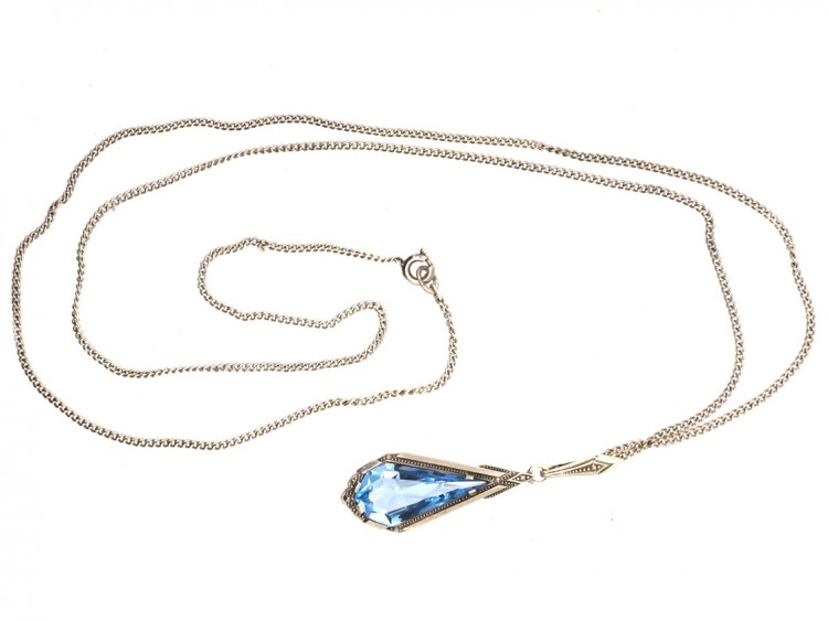 Art Deco Silver & Blue Paste Pendant On Chain