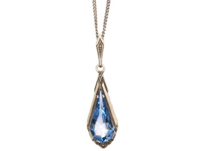 Art Deco Silver & Blue Paste Pendant On Chain