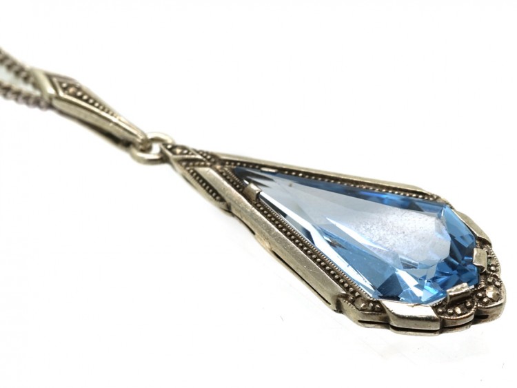 Art Deco Silver & Blue Paste Pendant On Chain