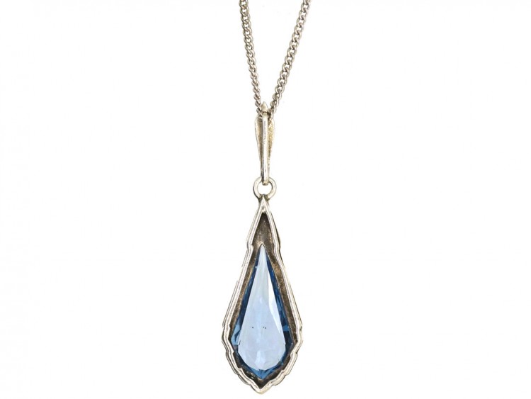 Art Deco Silver & Blue Paste Pendant On Chain