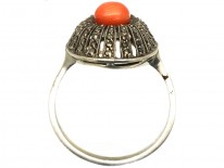 Art Deco Silver, Marcasite & Coral Oval Ring
