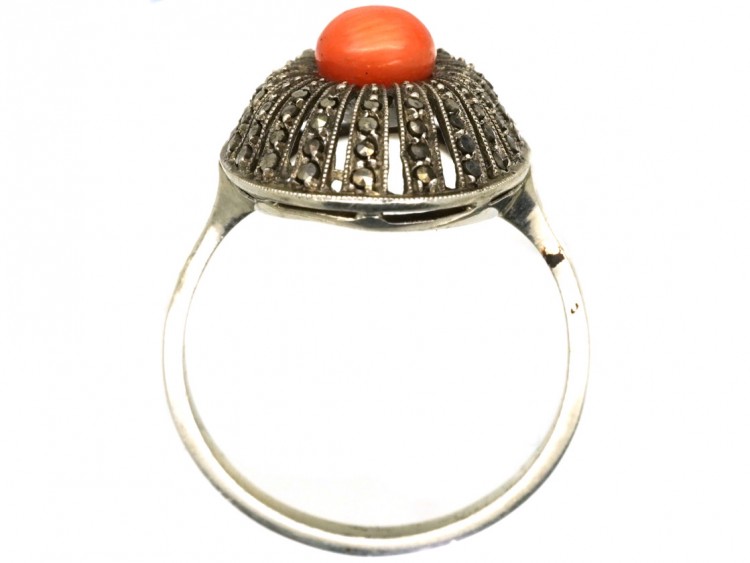 Art Deco Silver, Marcasite & Coral Oval Ring
