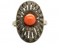 Art Deco Silver, Marcasite & Coral Oval Ring