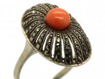 Art Deco Silver, Marcasite & Coral Oval Ring
