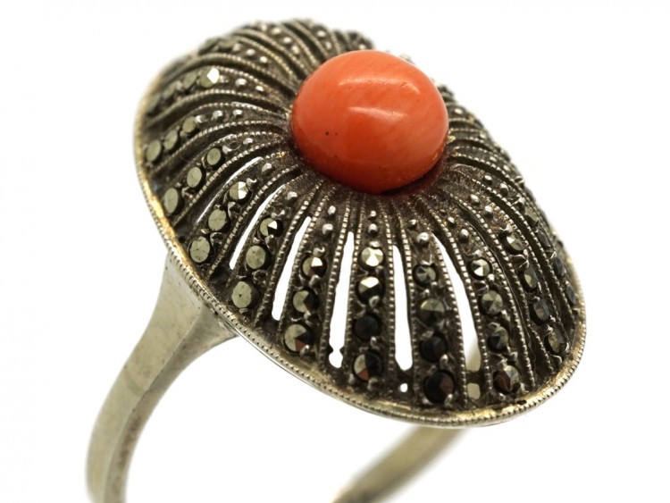 Art Deco Silver, Marcasite & Coral Oval Ring