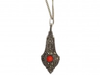Art Deco Silver, Marcasite & Coral Pendant On Chain