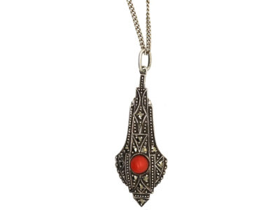 Art Deco Silver, Marcasite & Coral Pendant On Chain
