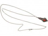 Art Deco Silver, Marcasite & Coral Pendant On Chain