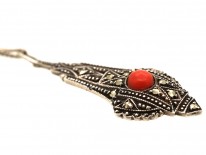 Art Deco Silver, Marcasite & Coral Pendant On Chain