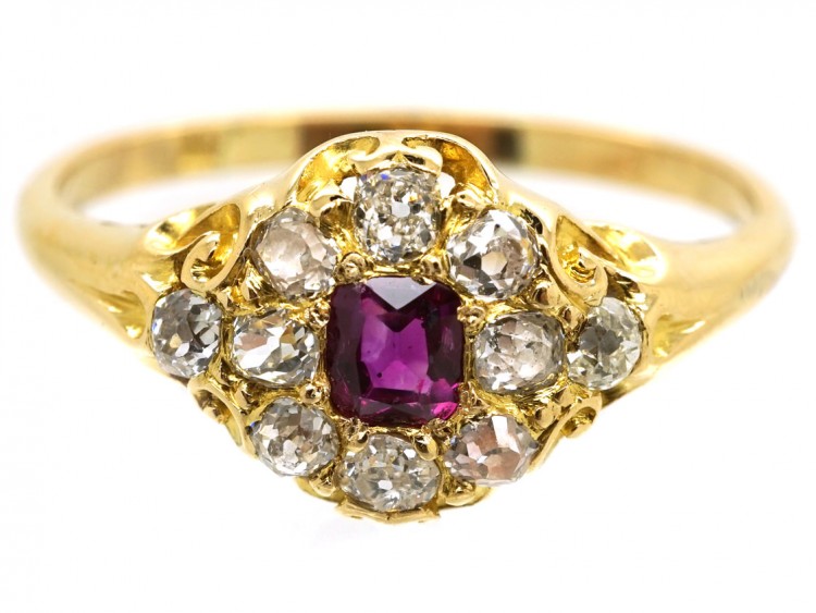 Victorian 18ct Gold, Ruby & Diamond Cluster Ring