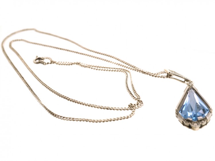 Art Deco Silver & Blue Paste Pendant On Chain