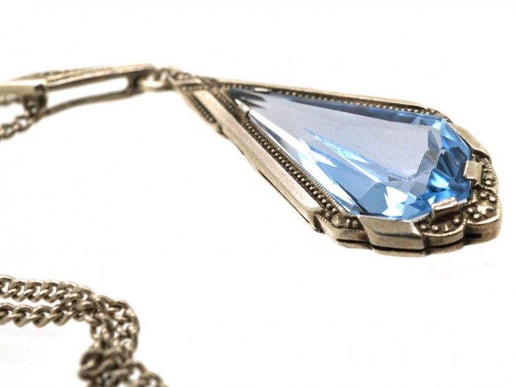 Art Deco Silver & Blue Paste Pendant On Chain