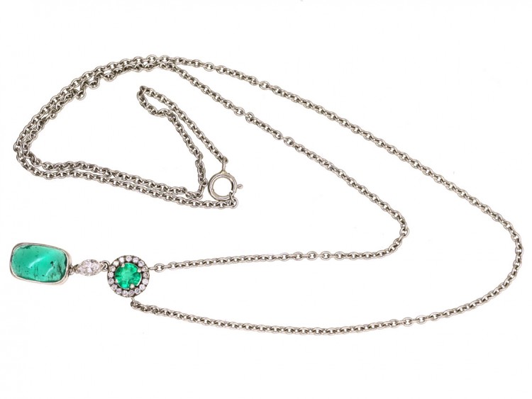 Art Deco Emerald & Diamond Pendant on Chain