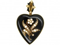Large 18ct Gold Victorian Heart Shaped With Black Enamel & Natural Split Pearls 