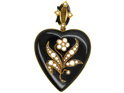 Large 18ct Gold Victorian Heart Shaped With Black Enamel & Natural Split Pearls "Forget Me Not" Flower By Edwin Streeter