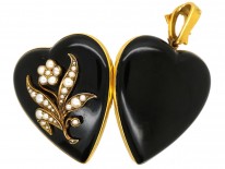 Large 18ct Gold Victorian Heart Shaped With Black Enamel & Natural Split Pearls 