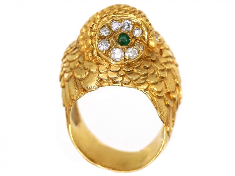 18ct Gold Owl Ring Set With Emeralds & Diamonds