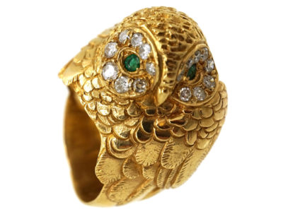 18ct Gold Owl Ring Set With Emeralds & Diamonds