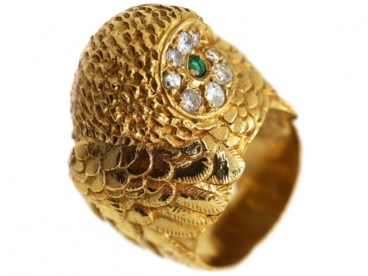 18ct Gold Owl Ring Set With Emeralds & Diamonds