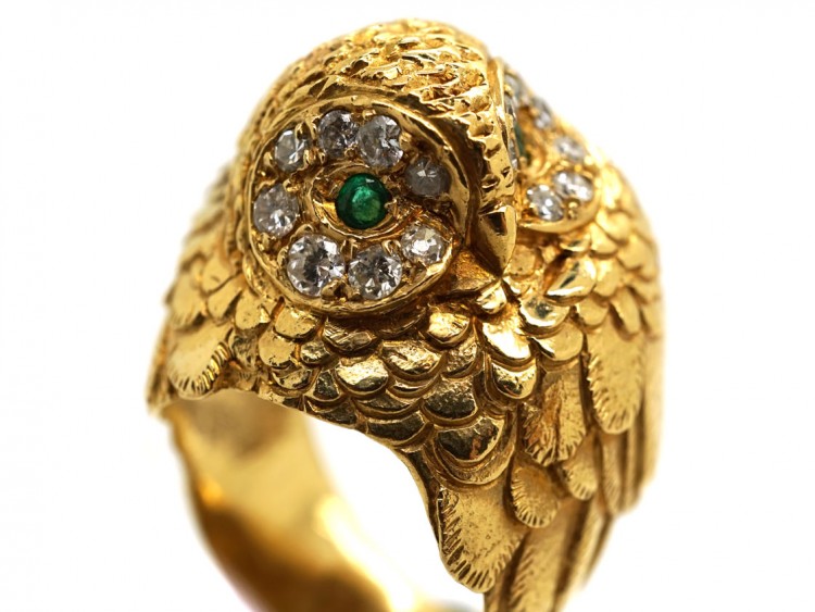 18ct Gold Owl Ring Set With Emeralds & Diamonds