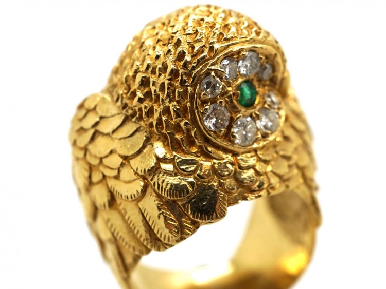 18ct Gold Owl Ring Set With Emeralds & Diamonds