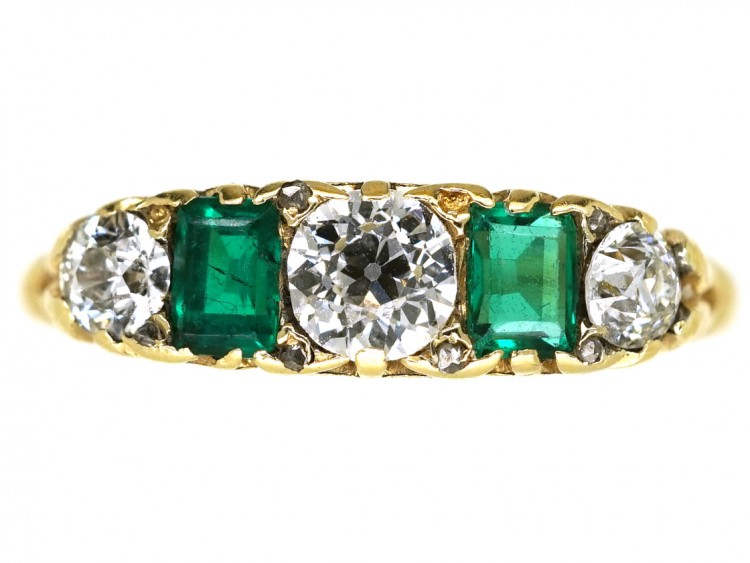 Victorian 18ct Gold, Emerald & Diamond Carved Half Hoop Five Stone Ring