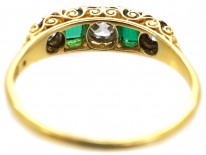 Victorian 18ct Gold, Emerald & Diamond Carved Half Hoop Five Stone Ring